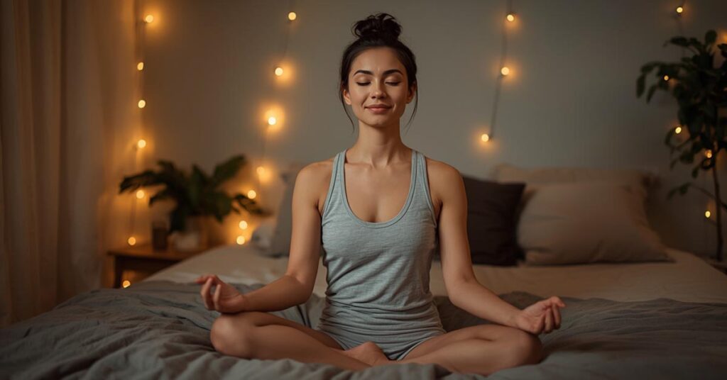 “Woman sitting on bed practicing night meditation with soft lights and calm environment”
