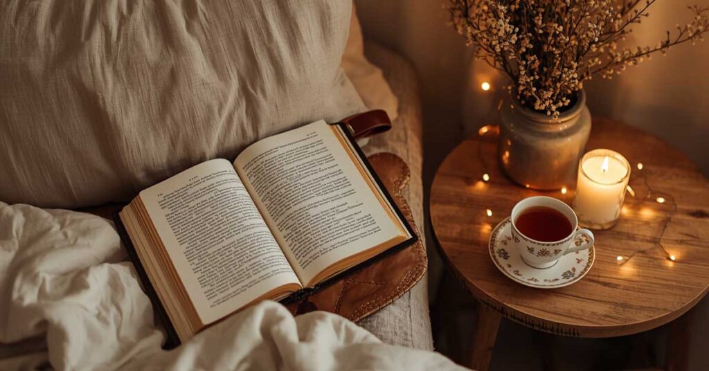 “Relaxing sleep routine essentials — book, candle, herbal tea, dim light”