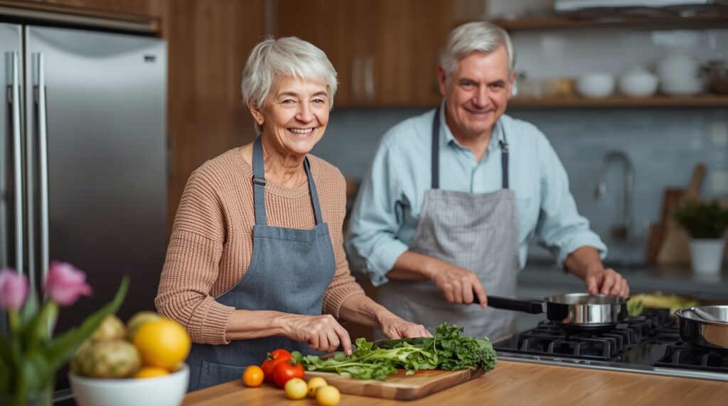 Senior couple preparing healthy meal in kitchen together