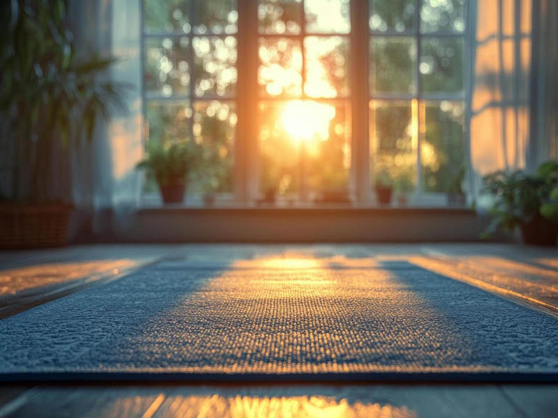 person practicing gentle yoga at home in natural light