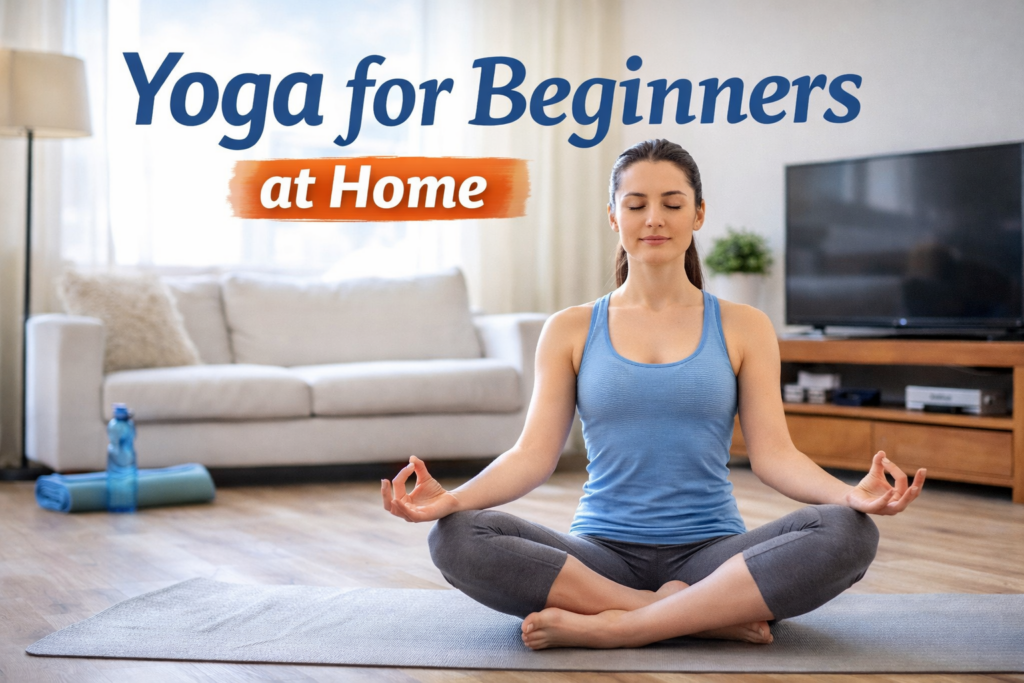 yoga for beginners at home showing person in tree pose with 10 easy poses for 20 minute daily routine guide