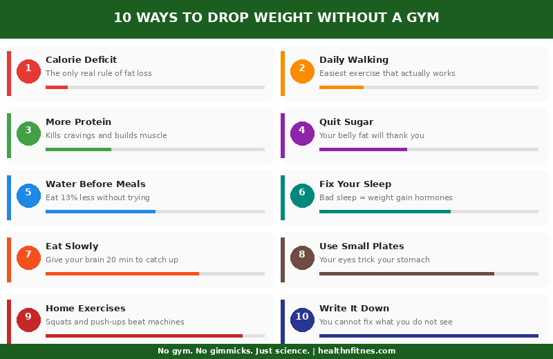 10 proven ways to lose weight without a gym showing calorie deficit daily walking more protein cut sugar water before meals better sleep eat slowly smaller plates home exercises and tracking progress
