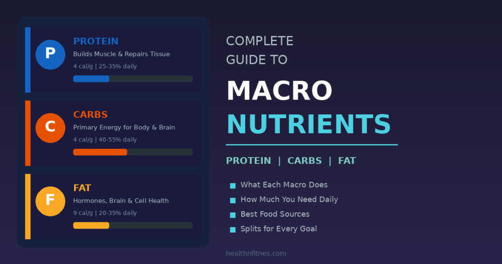 Complete guide to macronutrients showing protein carbs and fat with daily percentages calorie bars and key nutrition facts