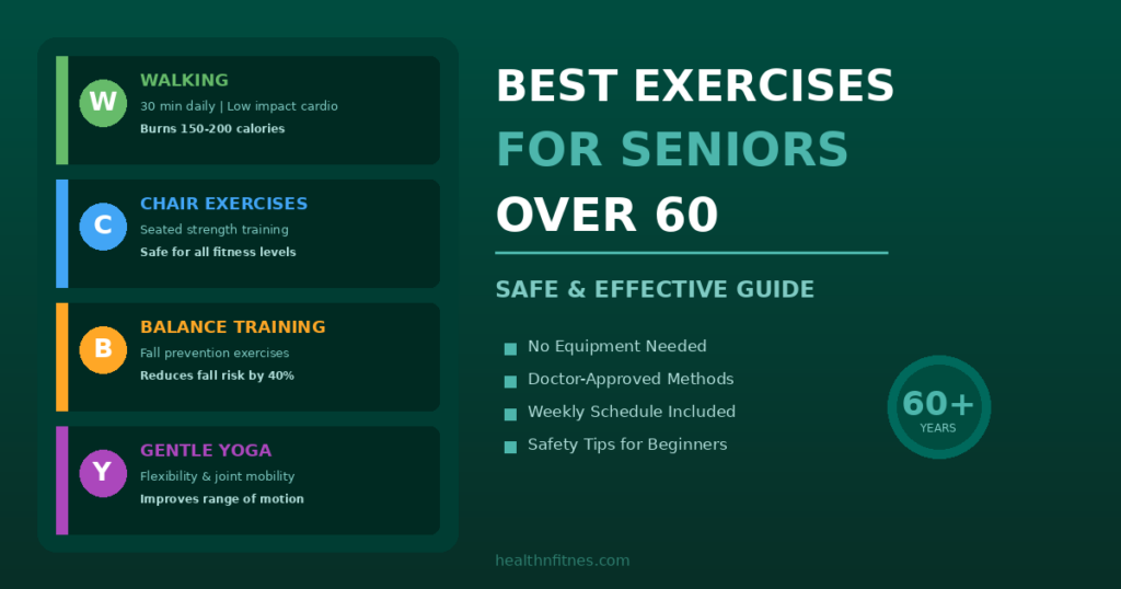 Best exercises for seniors over 60 showing walking chair exercises balance training and gentle yoga with 60 plus badge no equipment needed doctor approved weekly schedule included